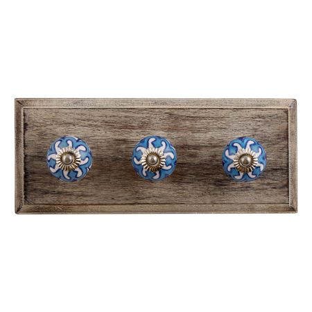 Blue Flower Ceramic Wooden Hooks